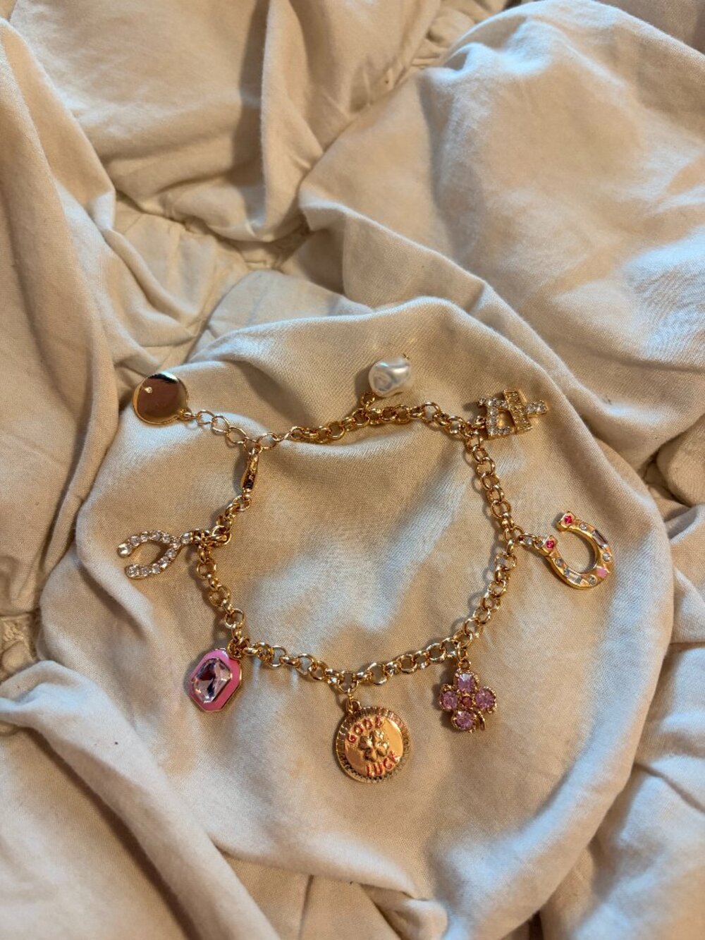 Free People Gold Good Luck Charm Bracelet Pink Crystal Coquette